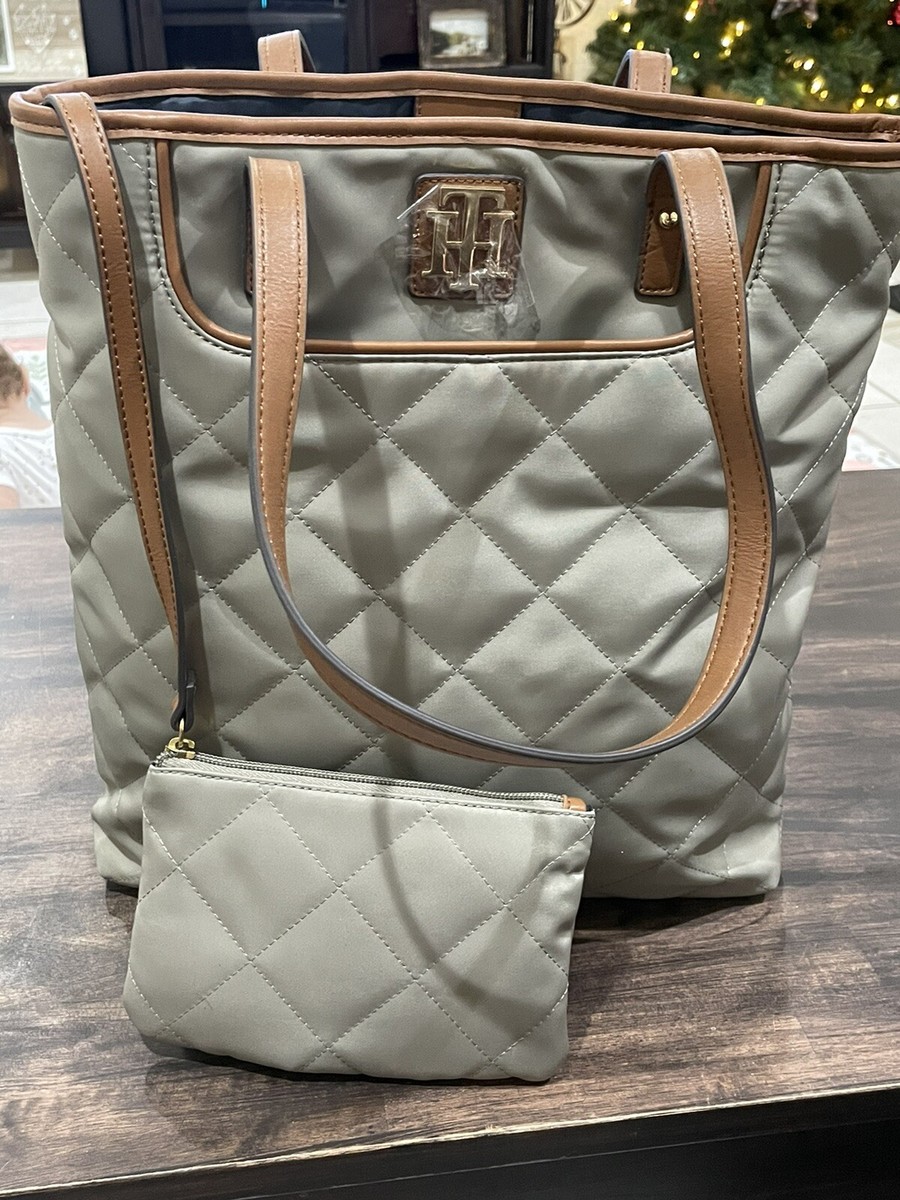 Tommy Hilfiger Gray/Brown Leather Quilted Nylon Tote and Pouch Set