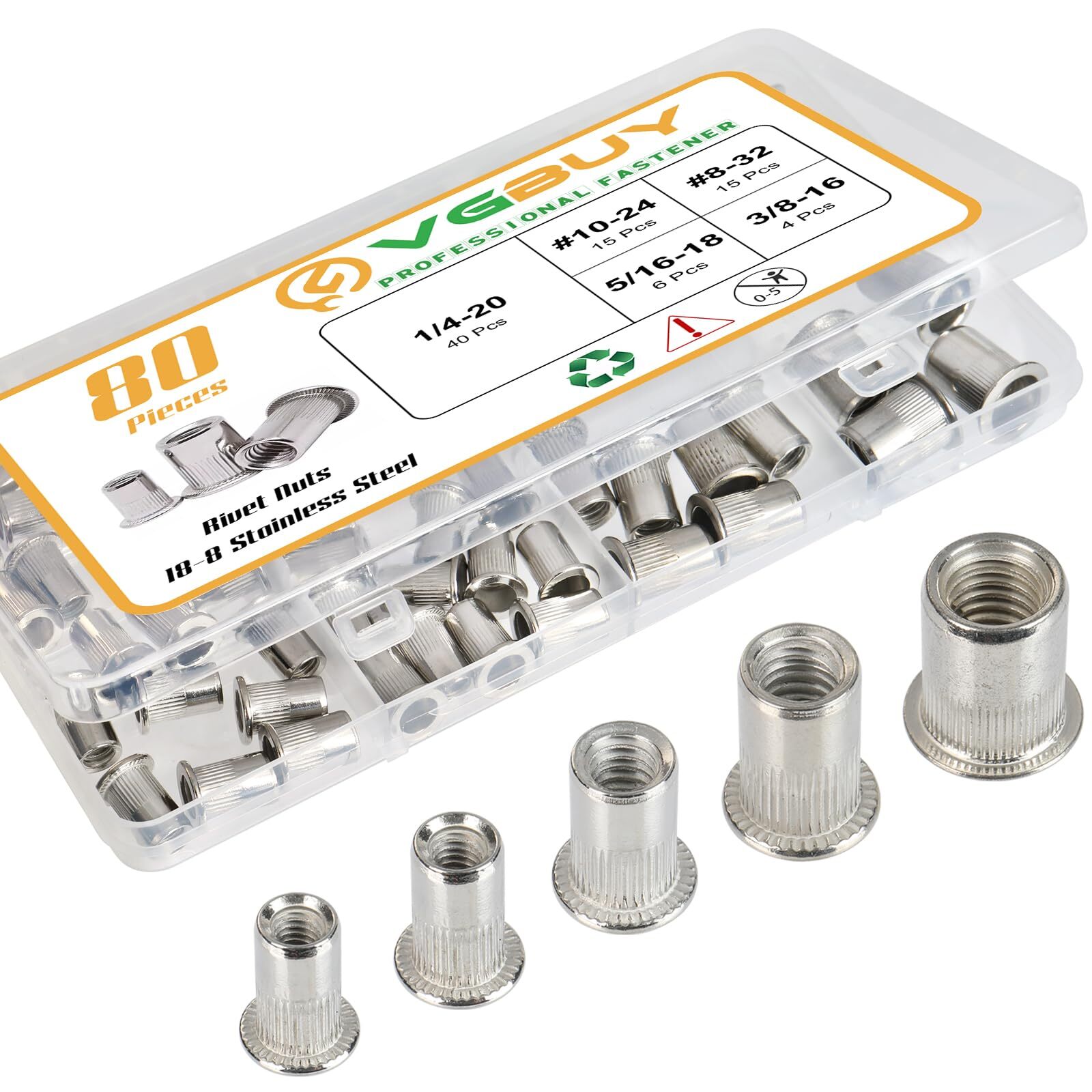 80Pcs Rivet Nut Kit, SAE Rivet Nuts Assortment #8-32, 10-24, 1/4