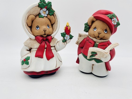 Vintage  Christmas Bears Hand Painted Earthenware Set of 2 Holiday Bear Decor - Picture 3 of 22