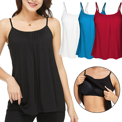 Women Flowy Cami with Built in Bra Swing Spaghetti Strap Tank Tops Vest Loose