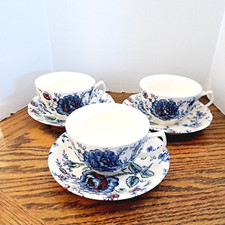 Vintage Johnson Bros Blue Rose Tea Cup and Saucers 3 Sets
