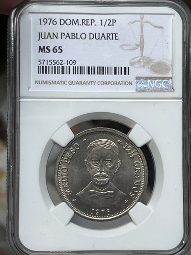Dominican Republic 1976 1/2 Peso Juan Pablo Duarte NGC MS 65 J2