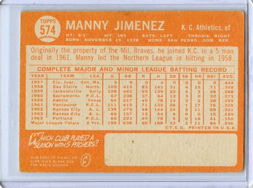 1964 Topps Manny Jimenez Kansas City Athletics #574 HI 🚀😳💥 VG - Picture 2 of 2
