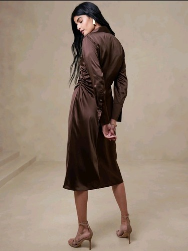 NWT Banana Republic Enchant Silk Dress Size Medium Petite In Roasted Cacao Brown - Picture 3 of 9
