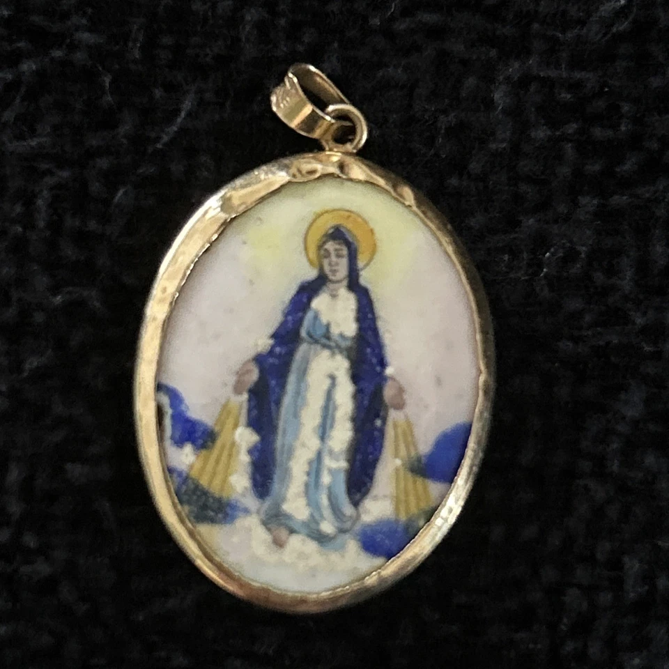 "Colgante de oro amarillo de 14 quilates de dos caras Virgen María/Jesús ovalado/dije 1,4"" vintage" Foto 3 de 4