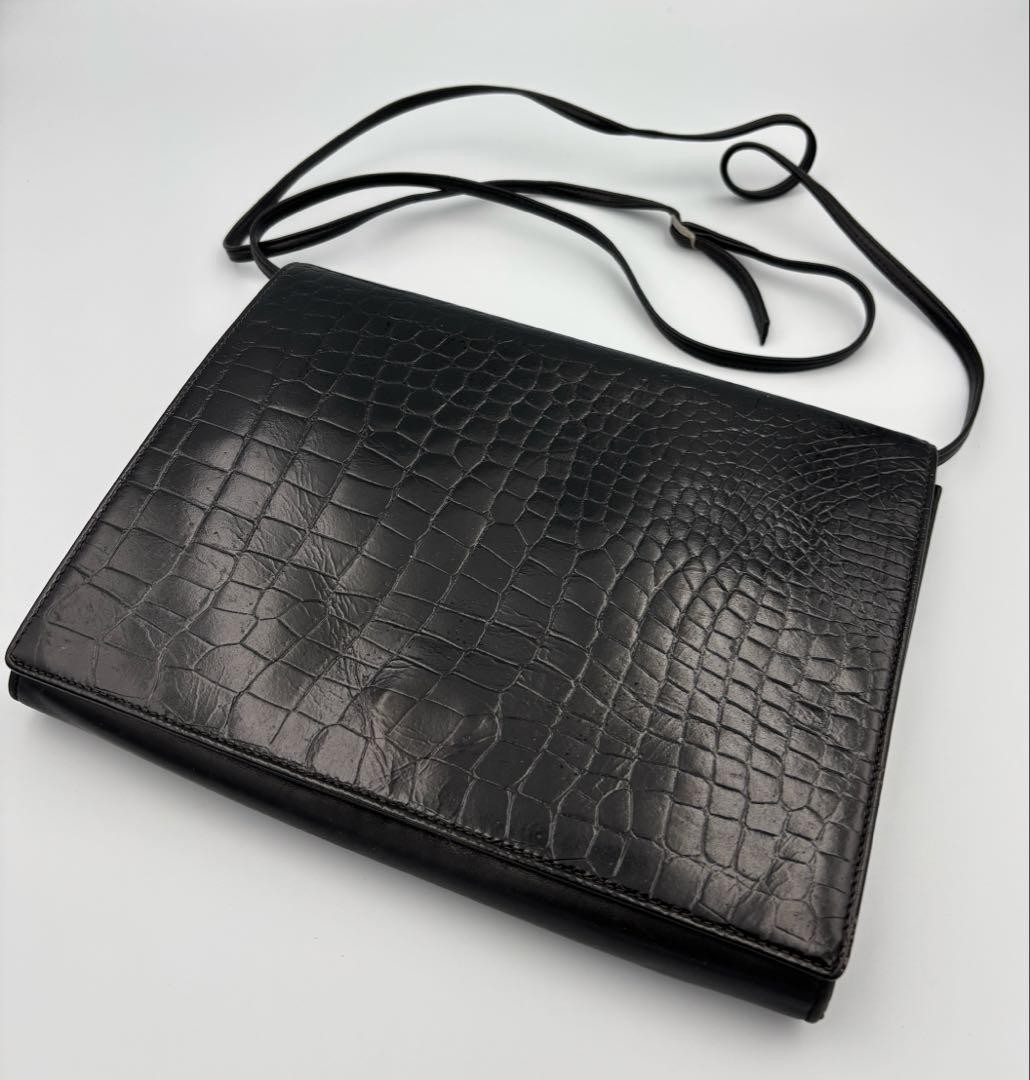 FENDI Vintage Crocodile Leather Shoulder Bag Black Crossbody Rare Style