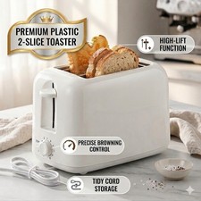 Premium White Plastic 2-Slice Toaster|Precise Browning Control & High Lift
