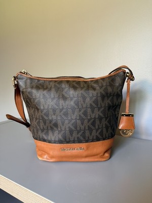 Michael Kors Crossbody Bag Womens Medium Brown Monogram Junie Leather MK Charm'