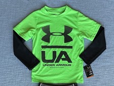 NWT Under Armour Boys Green Long Sleeve T-Shirt Top Size 4 Kids/Youth