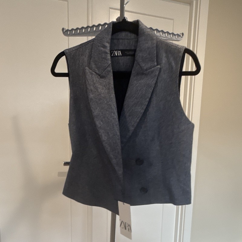 ZARA Women's Gray Herringbone Double-Breasted Sleeveless Tuxedo Vest M