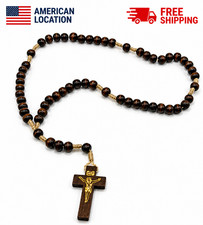 Dark Brown Wooden Rosary Rearview Mirror Hanging Crucifix Christian Car Decor