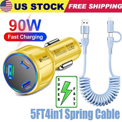 90W Super Fast Charging USB Type C Car Charger For Samsung iPhone Android Phone