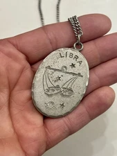 Vintage Hand Engraved Pewter Libra Zodiac Horoscope Pendant Necklace 