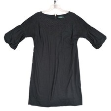 LRL Ralph Lauren Sz 10 Black Embroidered Roses Shift Dress Balloon Sleeve Goth