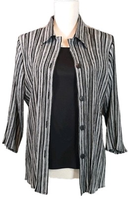 VTG Gloria Lance Woman SzM Striped Twin Set Blouse Top 3/4 Slit Sleeve Grey/Blk