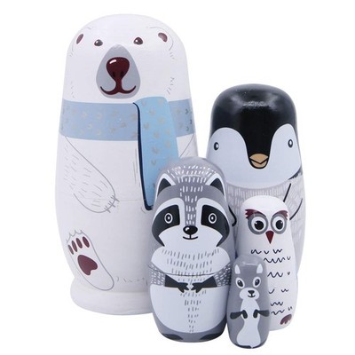 5 Piece Set Polar Bear Penguin Owl Matryoshka Nesting Dolls Stacking Toys Rus...