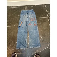 JNCO Jeans style Vintage 90s Wide Leg Baggy Denim Blue Embroidered Mens 28x30