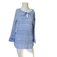 Vintage Striped Sweater Blue White Open Knit Cuffed Sleeves