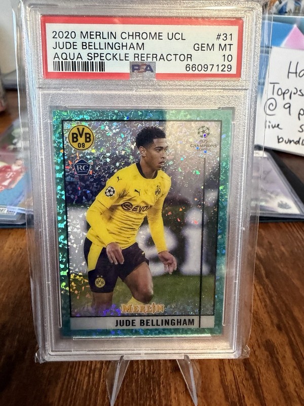 Topps Merlin Chrome UCL Jude Bellingham Dortmund #31 Aqua Speckle /175 PSA 10