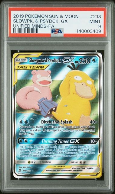 PSA 9 MINT Slowpoke & Psyduck GX Unified Minds Full Art Holo Pokemon 218/236