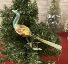 VINTAGE MERCURY GLASS PETITE PEACOCK CHRISTMAS ORNAMENT Spun Glass Tail Clip-On