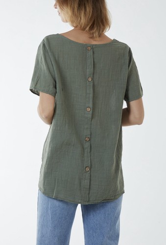 New Ladies Womens Linen Look Italian Button Back Top Light Weight T-Shirt - Picture 30 of 36