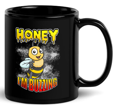 Honey I'm Buzzing Black Glossy Mug - Ceramic Cold or Hot Coffee - Honeybee Lover