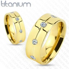 6mm Gold IP with Clear CZ Titanium Ring Wedding Band Women's Ring