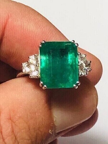 3.30Ct Emerald Cut Natural Emerald & Diamond Cocktail Ring Solid 14K White Gold - Picture 6 of 13