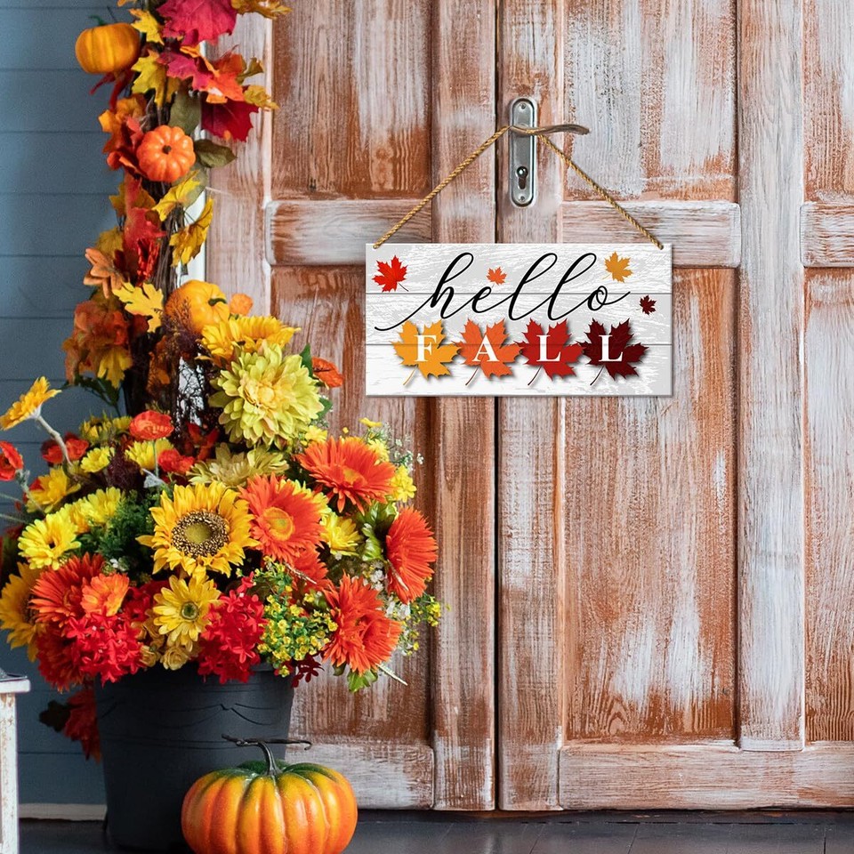 Hello Fall Wood Sign Decor, Fall Wall Decor for Home Porch Rustic