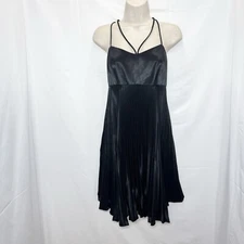 Vintage 90s Nouveau Black Satin Babydoll Dress Pleated Empire Waist Size 12