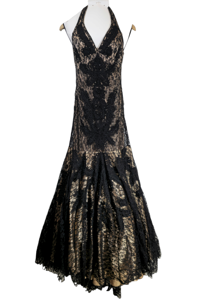 Sue Wong Nocturne Y2K Lace Beaded Open Back Halter Tulle