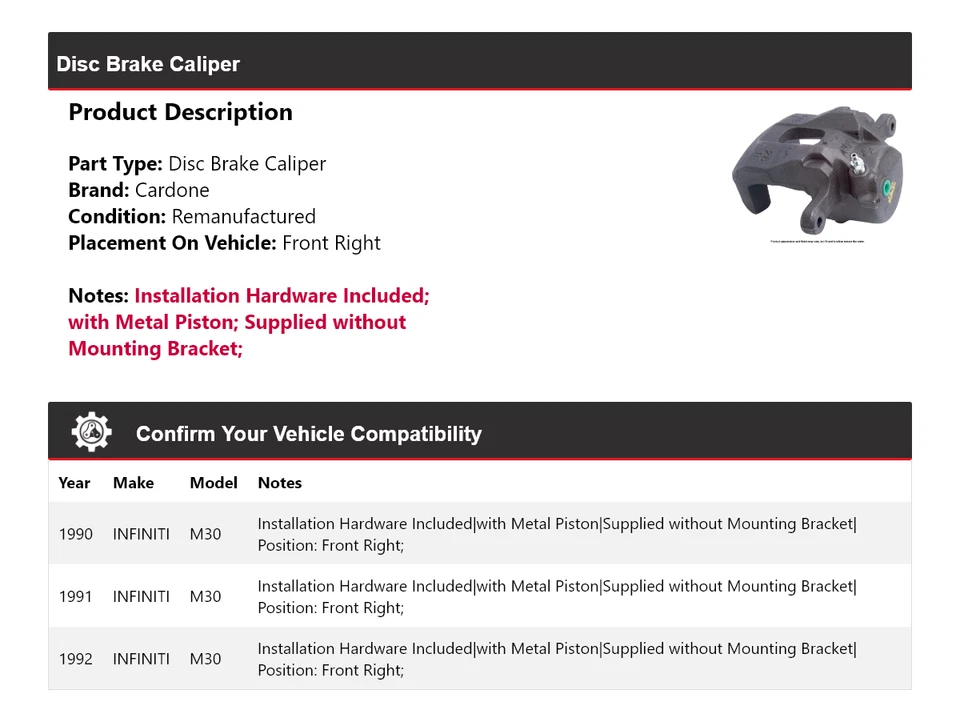Pinza de freno de disco delantera derecha Cardone 1991 para Infiniti M30 1990-1992 Foto 2 de 4