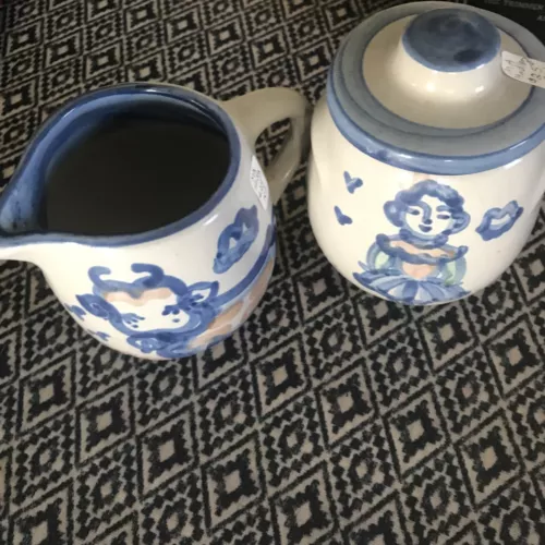 M.A. Hadley Cream & Lidded Sugar Bowl Set Farmers Wife & Cow Creamer Pottery