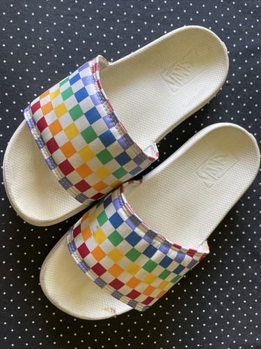 vans rainbow checkered slides