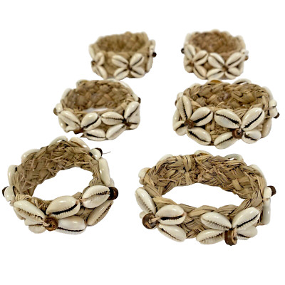 6er Set Kaurimuschel Serviettenringe Natur Rattan Küste Strand Boho Tischdeko