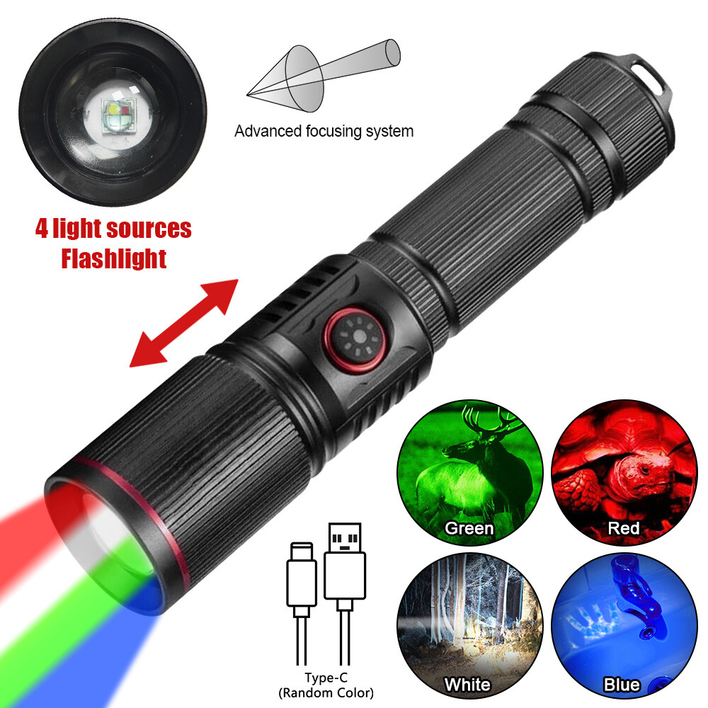 Linterna LED Zoomable 4 en 1 Luz RGBW 1000LM Antorcha de Caza USB Recargable