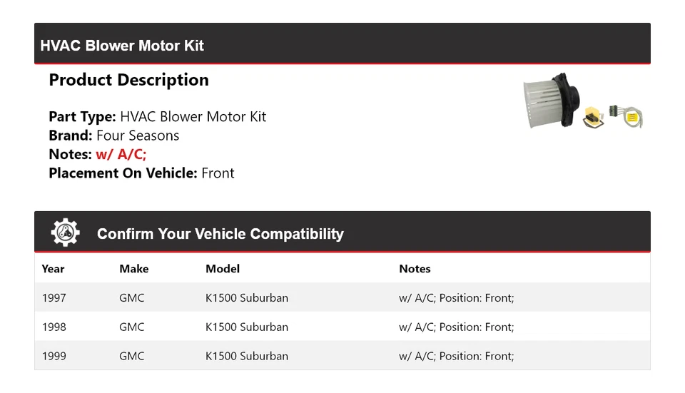 Kit de motor soplador delantero 4 estaciones 1998 para GMC K1500 Suburban HVAC para 1997-1999 Foto 2 de 3