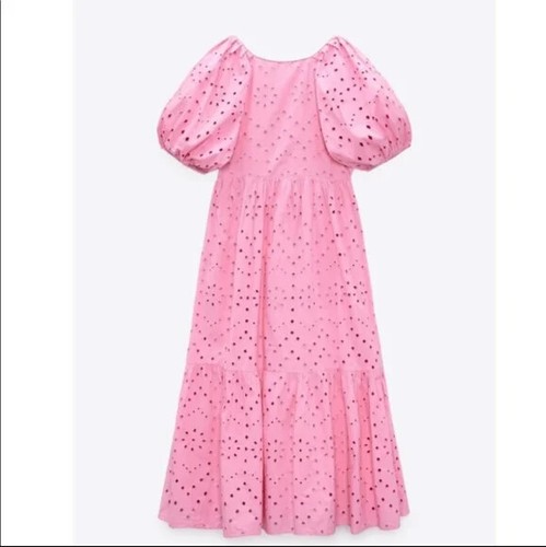 ROBE BRODÉE AJOURÉE ROSE MIDI MANCHES BALLON ZARA NEUVE SS22 0881/303 - Photo 10/12