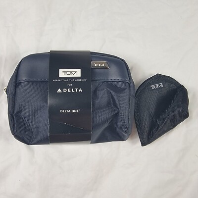 TUMI For Delta Travel Toiletry Bag Case Set Navy Blue Nylon With Eye Mask 