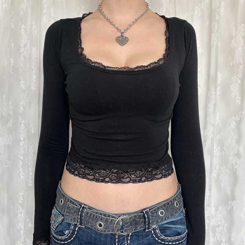 y2k Clothing Lace Trim Crop Top Aesthetic Women Long Sleeve