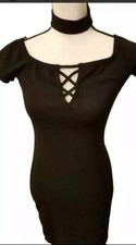 Women’s Petites Small Short Sleeve Mini Short Black Dress With Built In Choker