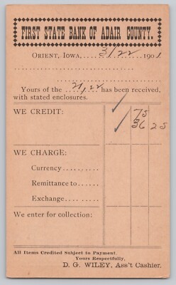 Orient Iowa Creston IA Postal Card First State Bank of Adair County 1901 Z1095