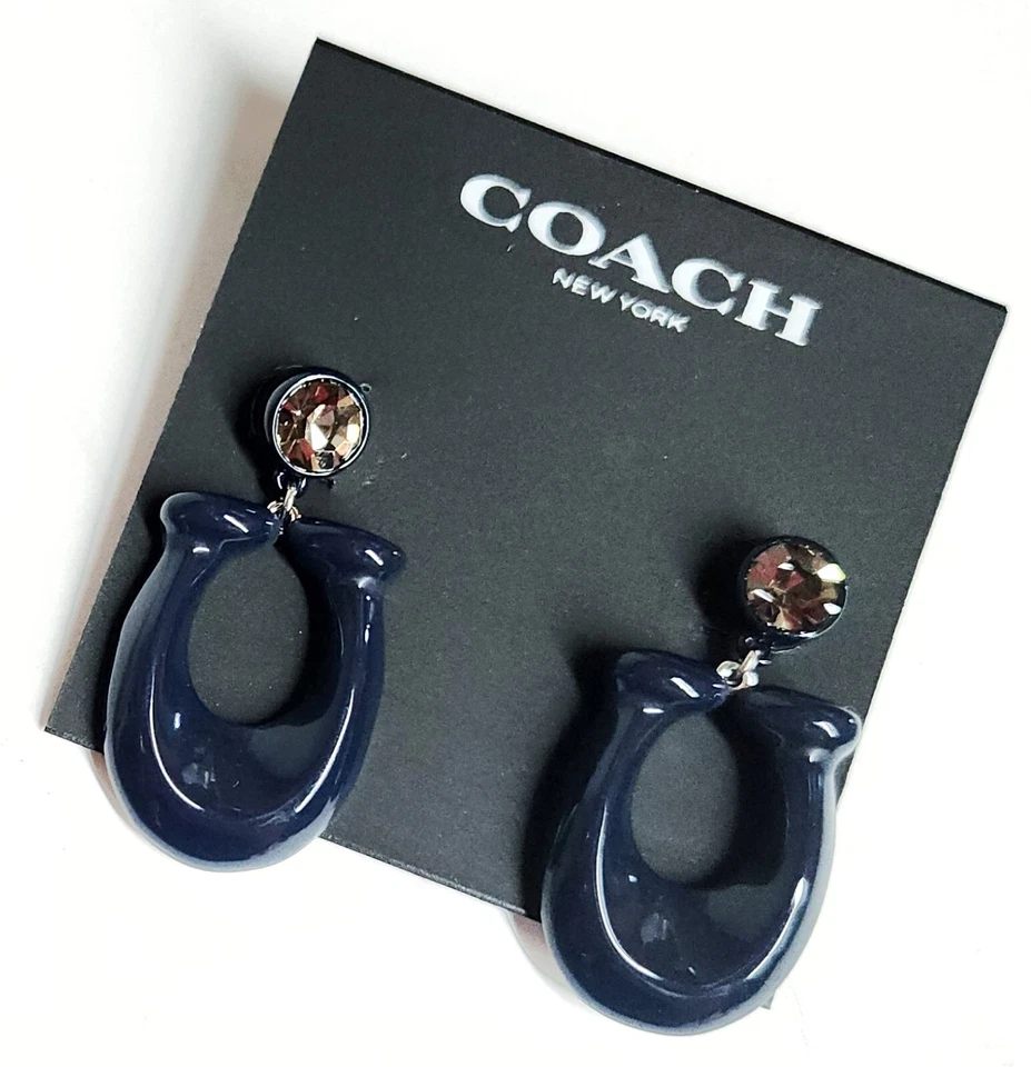 Pendientes Coach Reserve Grandes Firma Esmalte Azul Marino Chapado en Rodio Latón Nuevos con Etiquetas Foto 2 de 4