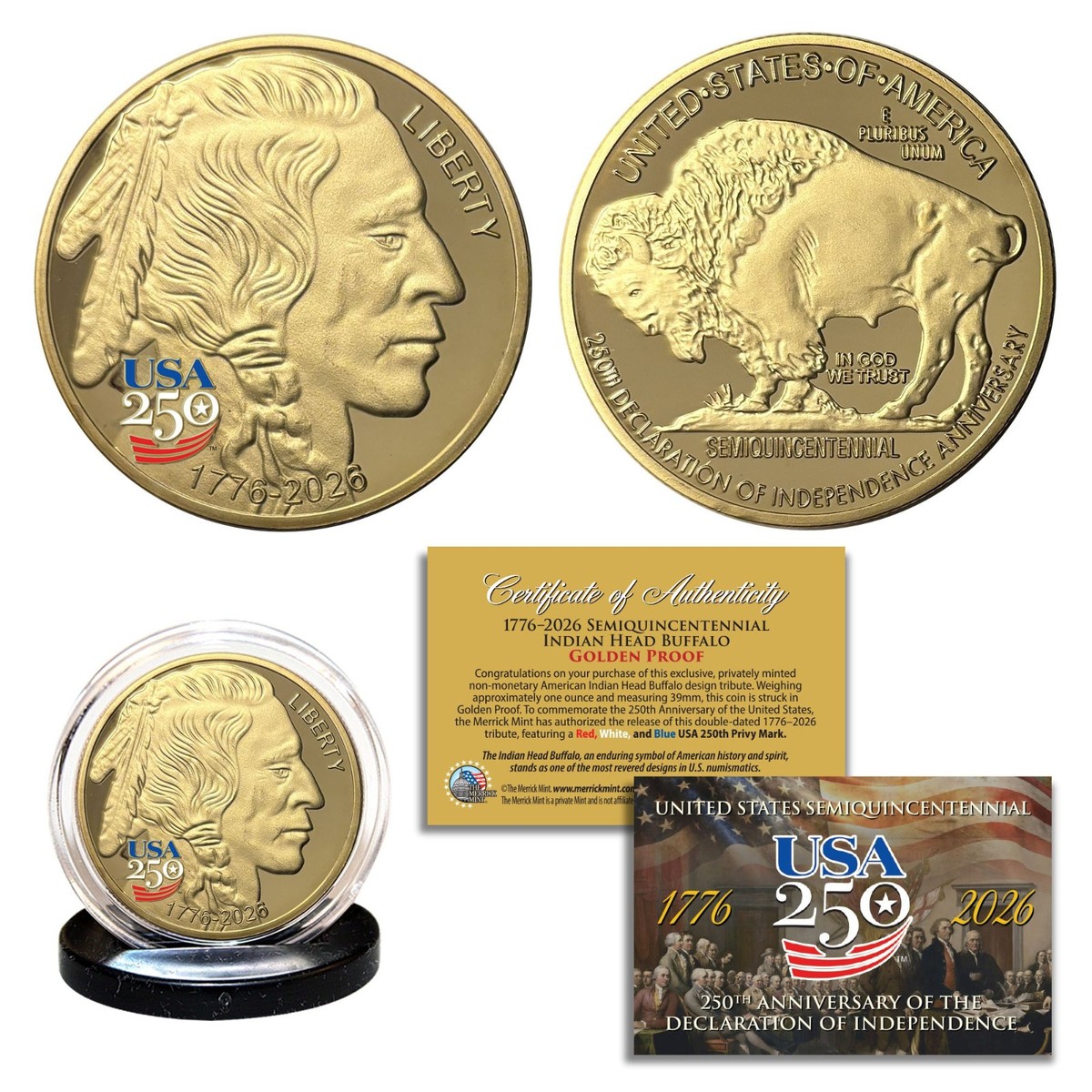 1776-2026 Semiquincentennial AMERICA 250 INDIAN BUFFALO Golden