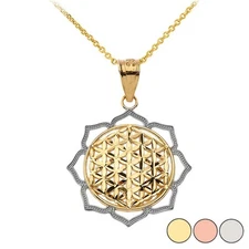 Gold Beaded Flower of Life Pendant Necklace( Two-Tone/Yellow/Rose/White Gold)
