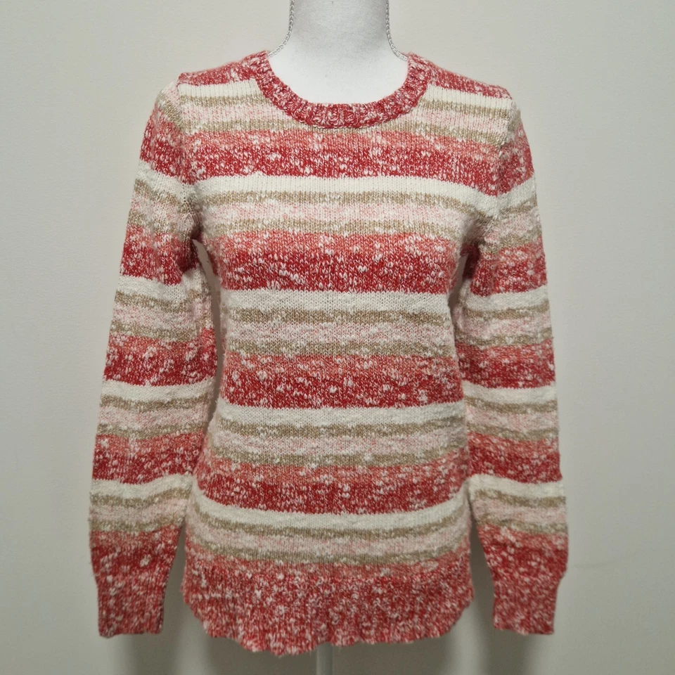 LL Bean Pullover Damen XS Rot Weiß Beige Koralle Baumwolle Ragg Gestreift - Bild 1 von 4