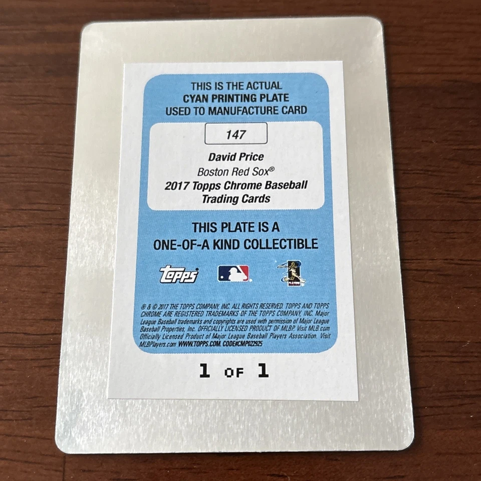 Placa de impresión cian 2017 Topps cromada David Price Boston Red Sox 1/1 Foto 4 de 4