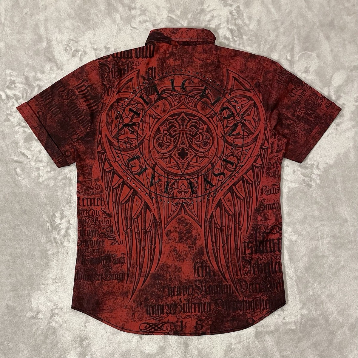 トップス Affliction Embroidery Applique Shirt Affliction Button Up Shirt Men's Size L Short Sleeve AOP