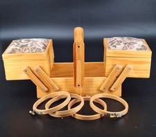 Vintage Wooden Accordion Sewing Box w/ Fabric-Top Lids Expandable Storage